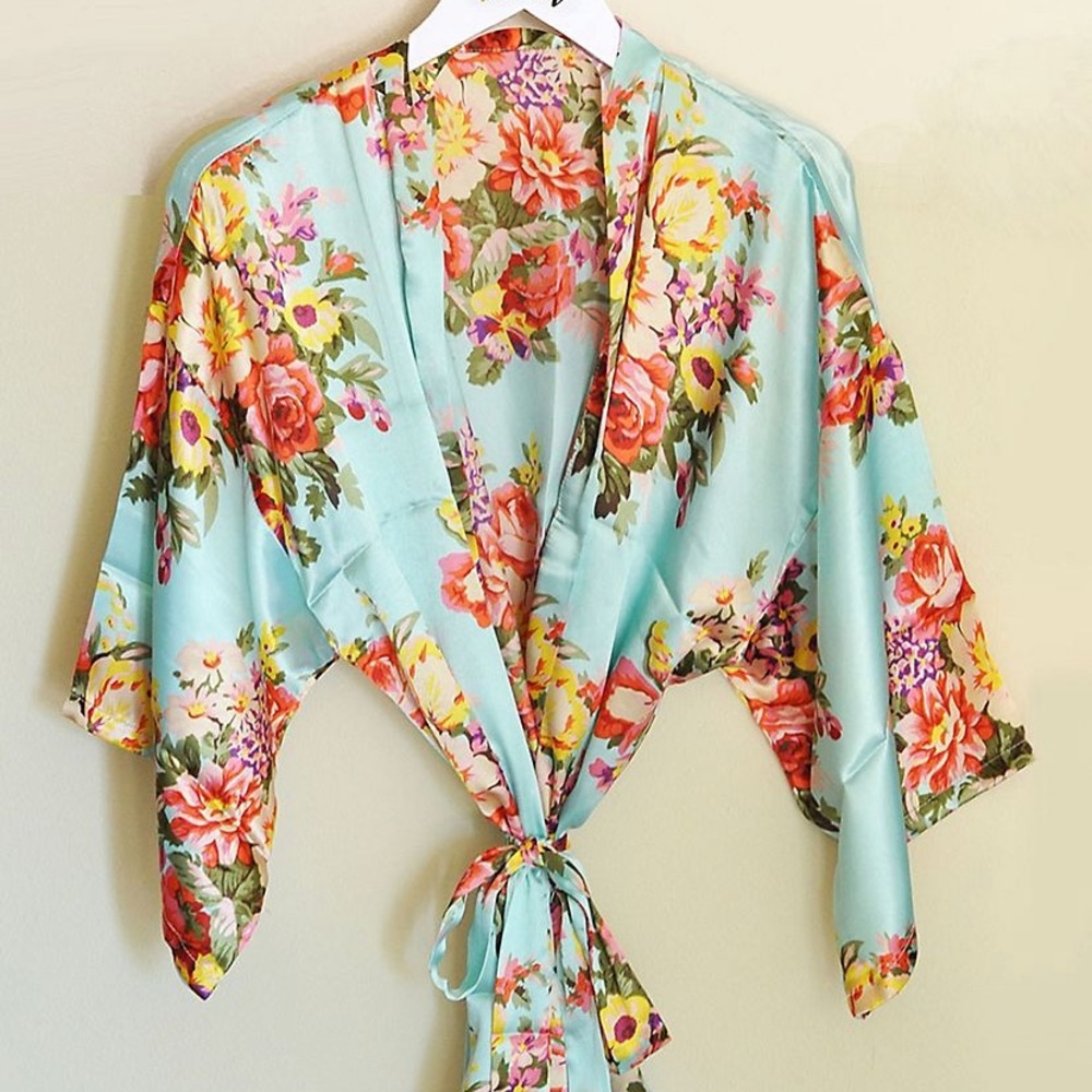 NWT David’s Bridal Floral Satin Robe - Aqua Blue - Picture 6 of 6